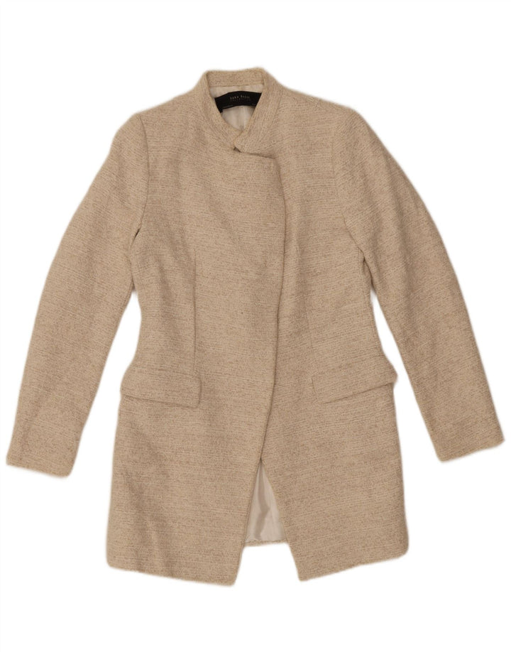 Jaqueta blazer aberta feminina Zara Reino Unido 12 algodão manchado bege médio