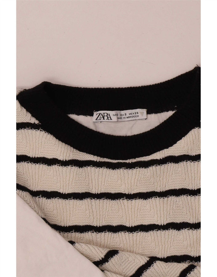 Blusa feminina Zara Top UK 10 pequeno algodão listrado branco