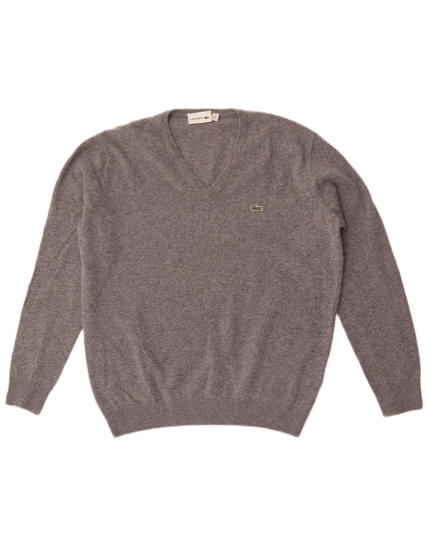 Suéter masculino Lacoste com decote em V tamanho 6 XL lã manchada cinza