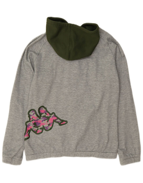 Suéter feminino Kappa com capuz e zíper gráfico UK 14 bloco colorido cinza médio