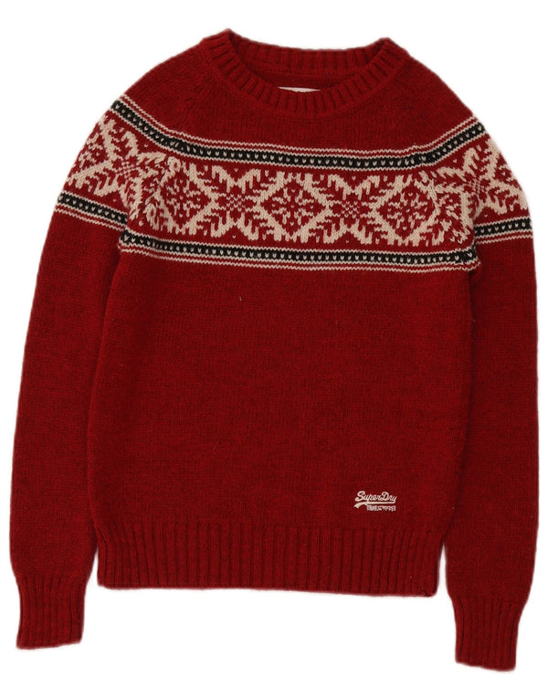 Suéter feminino Superdry com gola canoa UK 10 pequeno vermelho Fair Isle acrílico