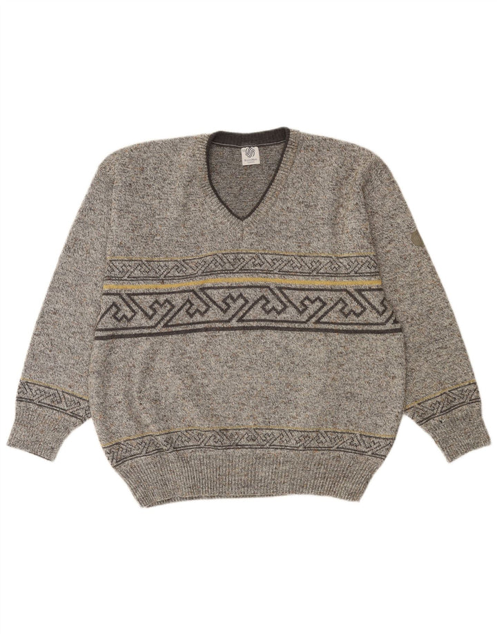 Suéter masculino VINTAGE com decote em V IT 52 grande lã geométrica cinza