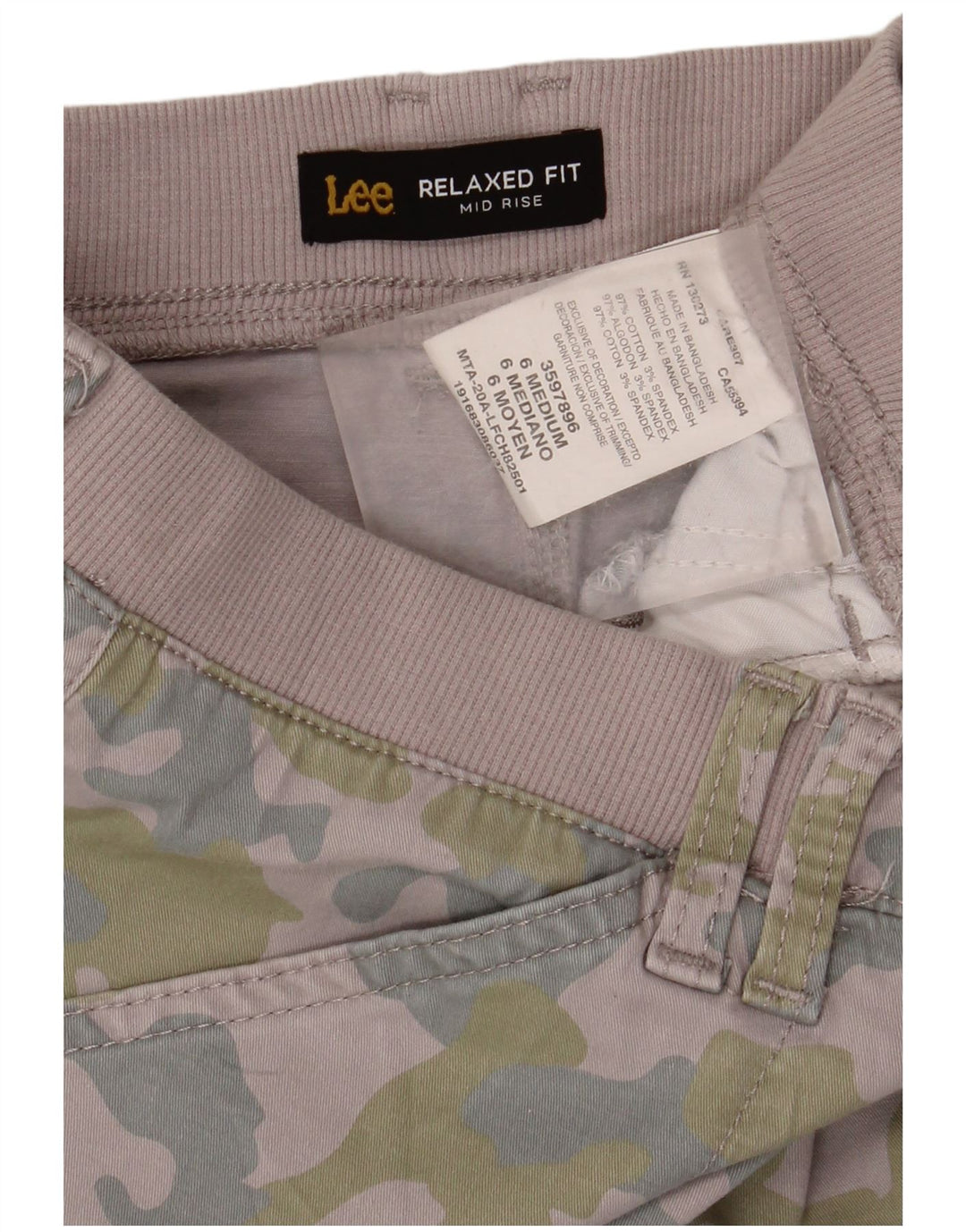 Shorts cargo feminino Lee de cintura média US 6 médio W30 algodão camuflado roxo