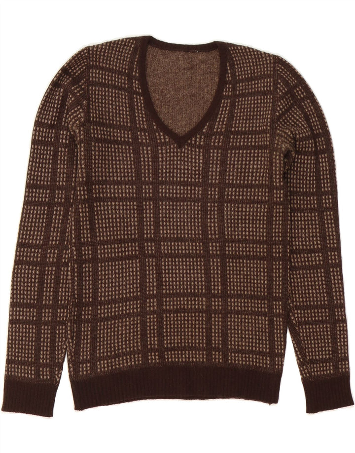 VINTAGE Womens V-Neck Jumper Sweater IT 44 Medium Brown Check Vintage Vintage and Second-Hand Vintage from Messina Hembry 
