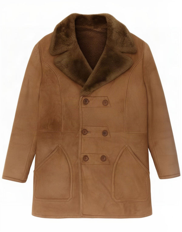 Casaco masculino vintage shearling com peito duplo Reino Unido 40 grande marrom