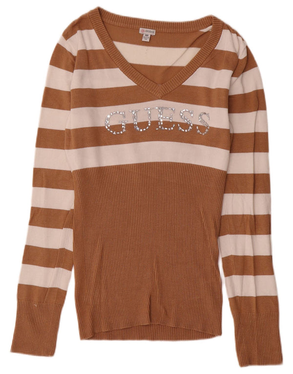 Guess Womens Graphic V-Neck Jumper Sweater UK 12 Medium Beige Striped Rayon