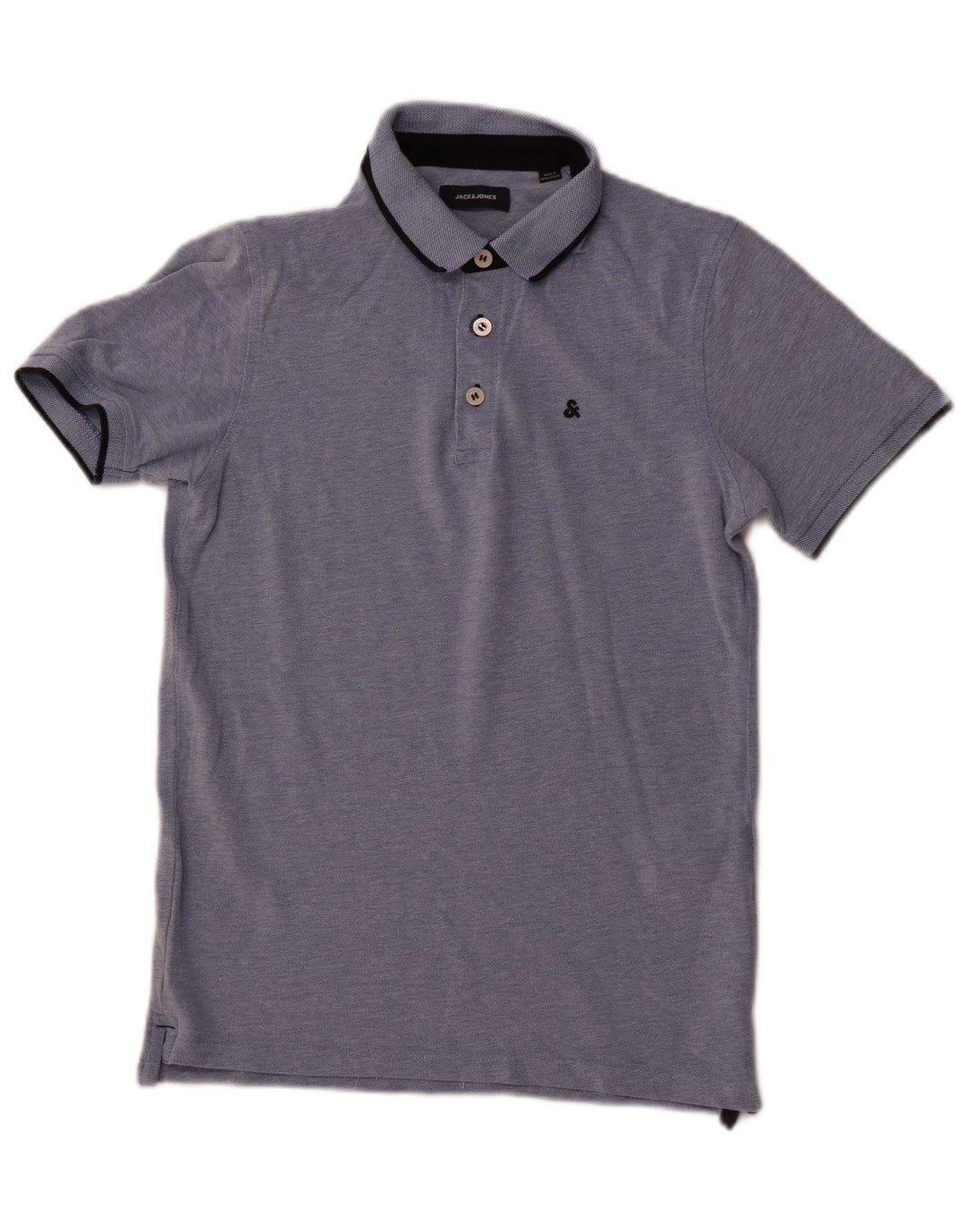 Camisa polo masculina JACK & JONES pequena de algodão manchado azul