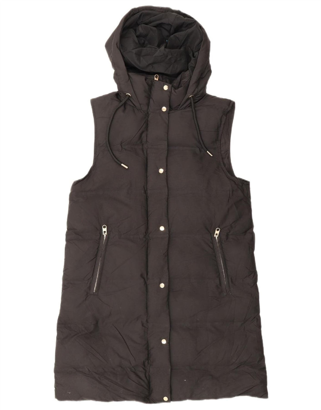 Casaco feminino acolchoado com capuz sem mangas Zara UK 14 poliéster preto médio