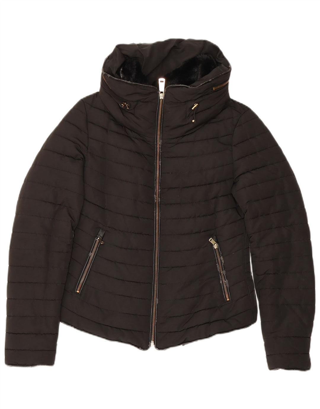 Jaqueta acolchoada com capuz feminina Zara UK 10 poliéster preto pequeno