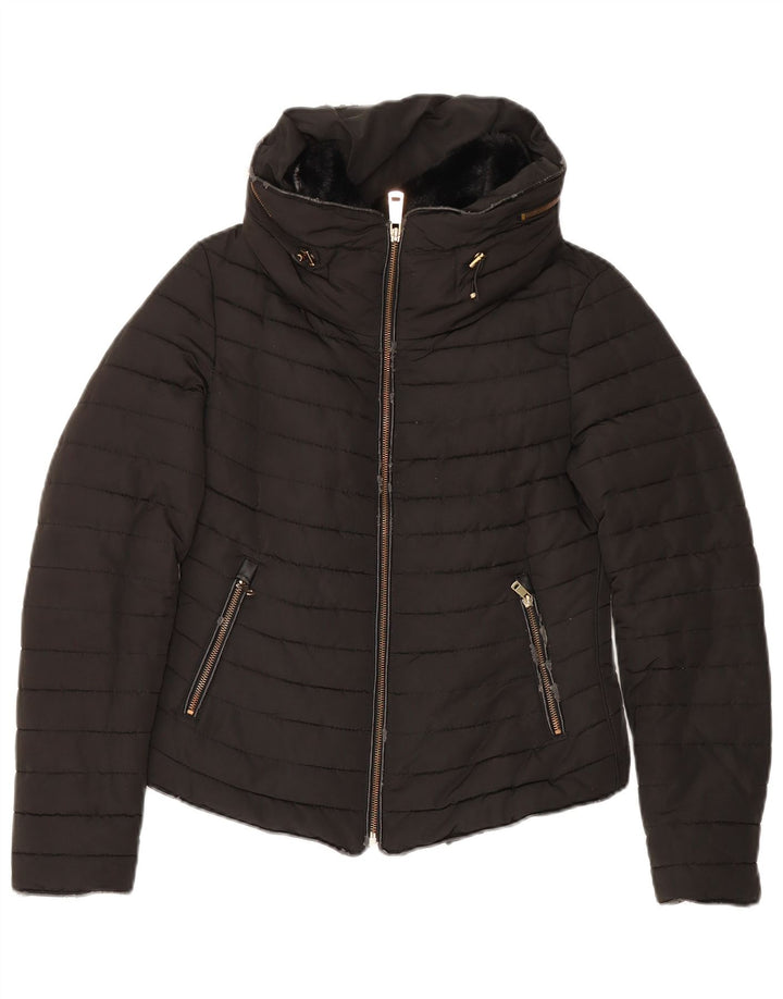 Jaqueta acolchoada com capuz feminina Zara UK 10 poliéster preto pequeno