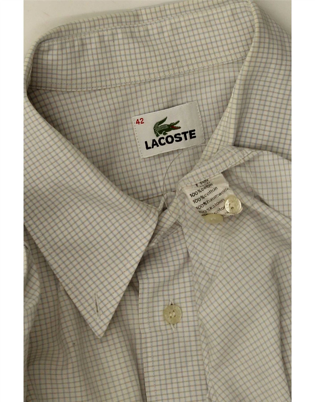 Lacoste Camisa masculina de manga curta tamanho 42 grande algodão xadrez branco