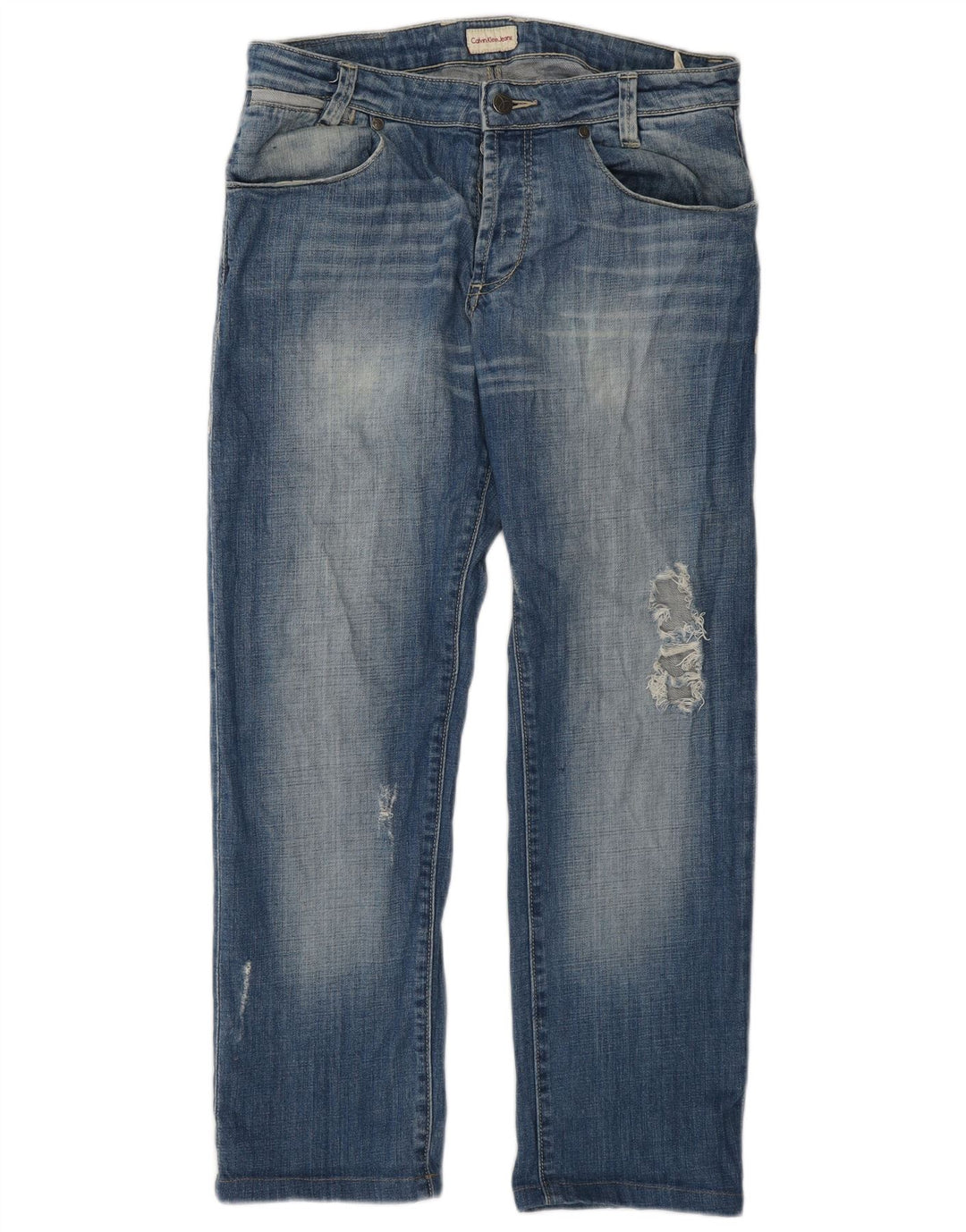 Calça jeans reta masculina Calvin Klein desgastada W32 L28 algodão azul