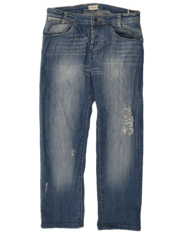 Calça jeans reta masculina Calvin Klein desgastada W32 L28 algodão azul