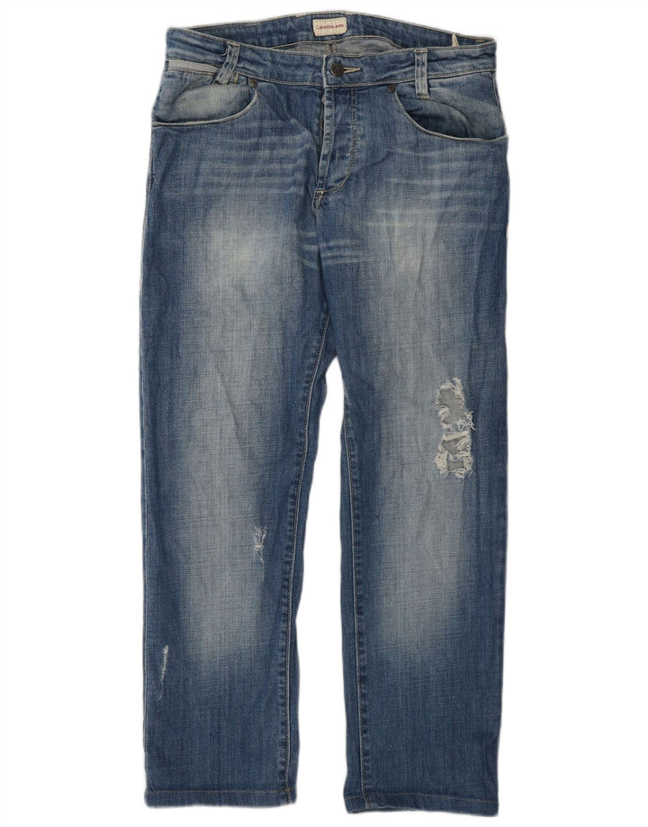 Calça jeans reta masculina Calvin Klein desgastada W32 L28 algodão azul