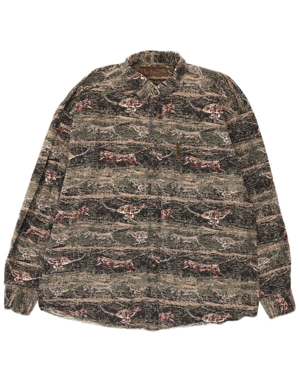 Flanela masculina VINTAGE Camisa grande algodão verde com estampa animal