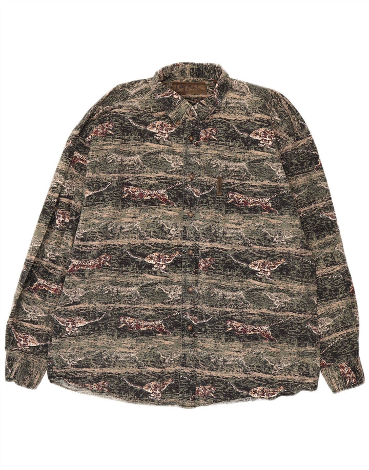 Flanela masculina VINTAGE Camisa grande algodão verde com estampa animal