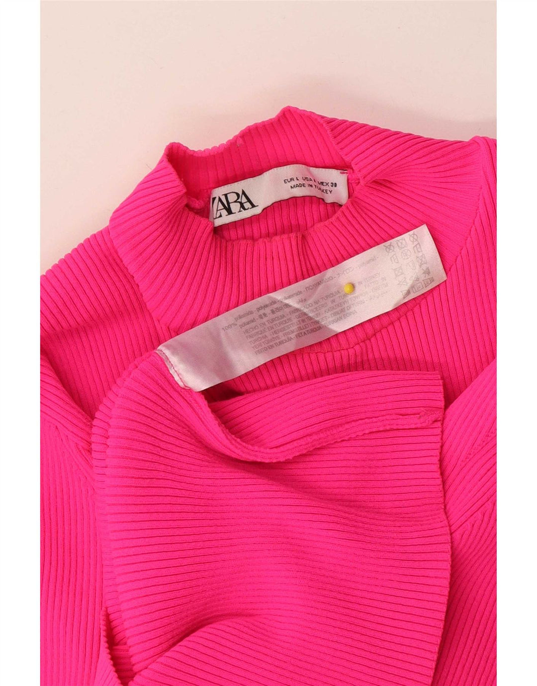Zara Top curto feminino manga comprida Reino Unido 14 grande rosa poliamida
