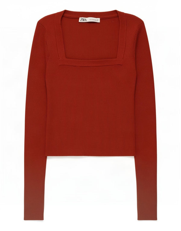 Zara Top curto feminino de manga comprida Reino Unido 8 Viscose cor de vinho pequena