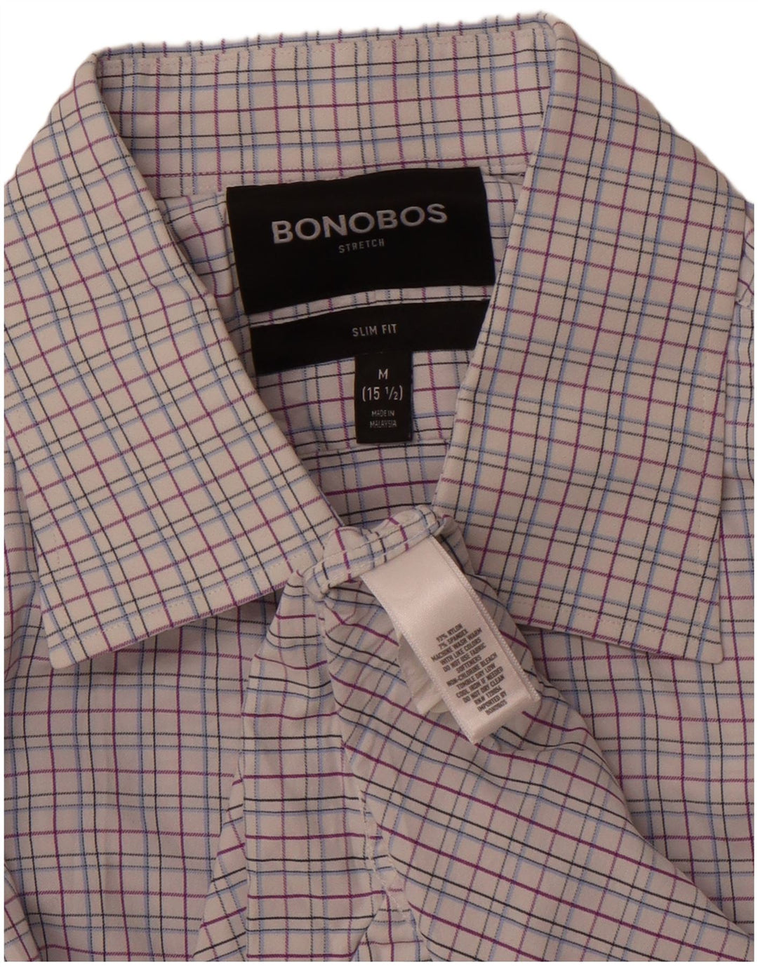 Camisa masculina BONOBOS Slim Fit tamanho 15 1/2 médio rosa xadrez nylon