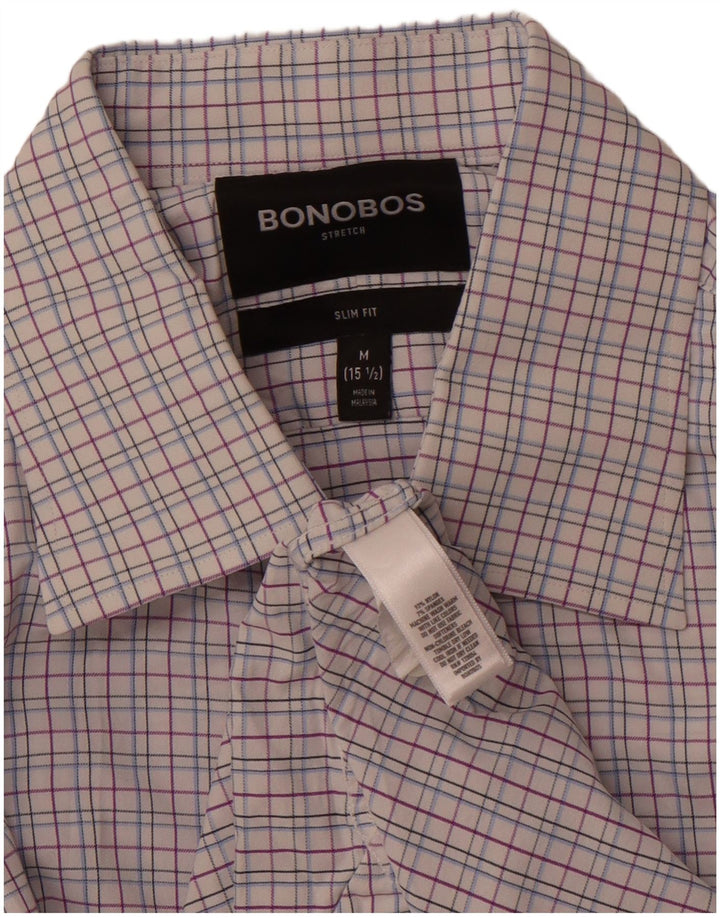 Camisa masculina BONOBOS Slim Fit tamanho 15 1/2 médio rosa xadrez nylon