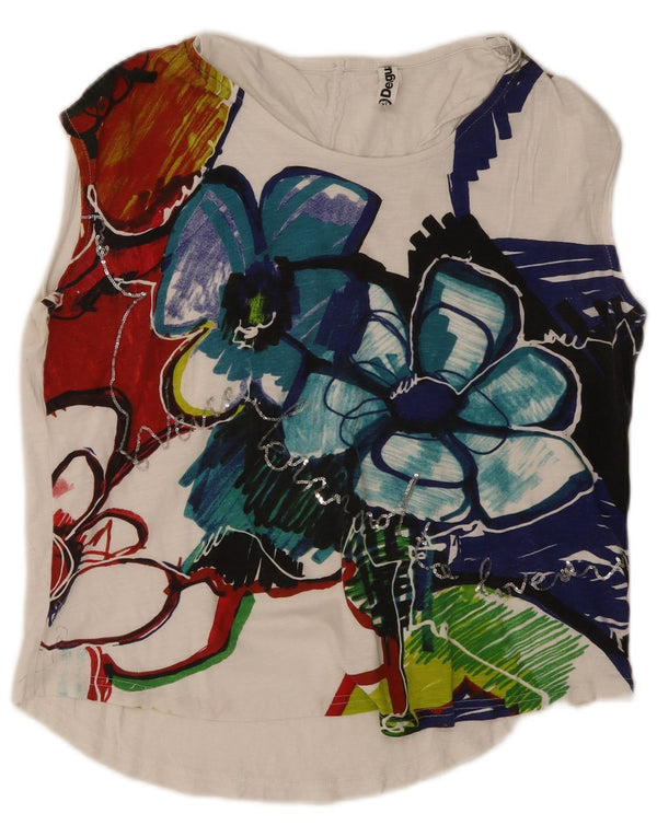 Desigual Womens Loose Fit Graphic Vest Top UK 18 XL Branco Floral Algodão
