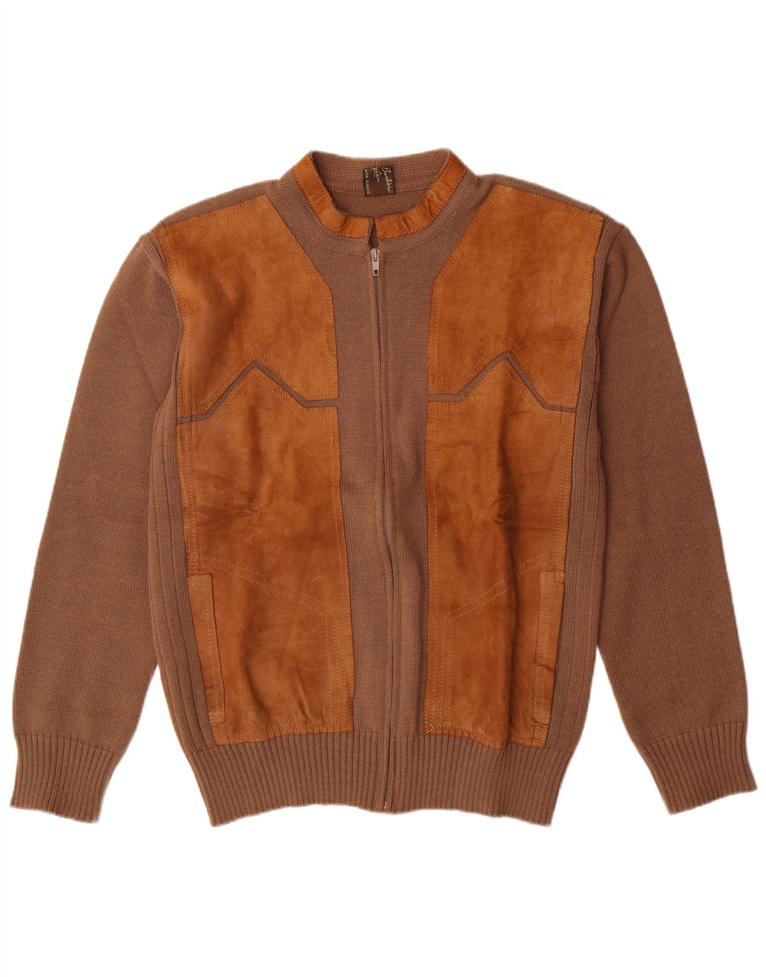 Suéter cardigã masculino de camurça VINTAGE IT 52 grande lã colorblock marrom