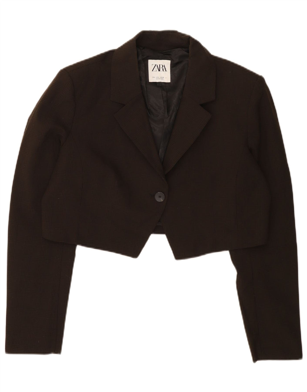 Jaqueta blazer feminina Zara Crop 1 botão Reino Unido 16 grande poliéster xadrez marrom