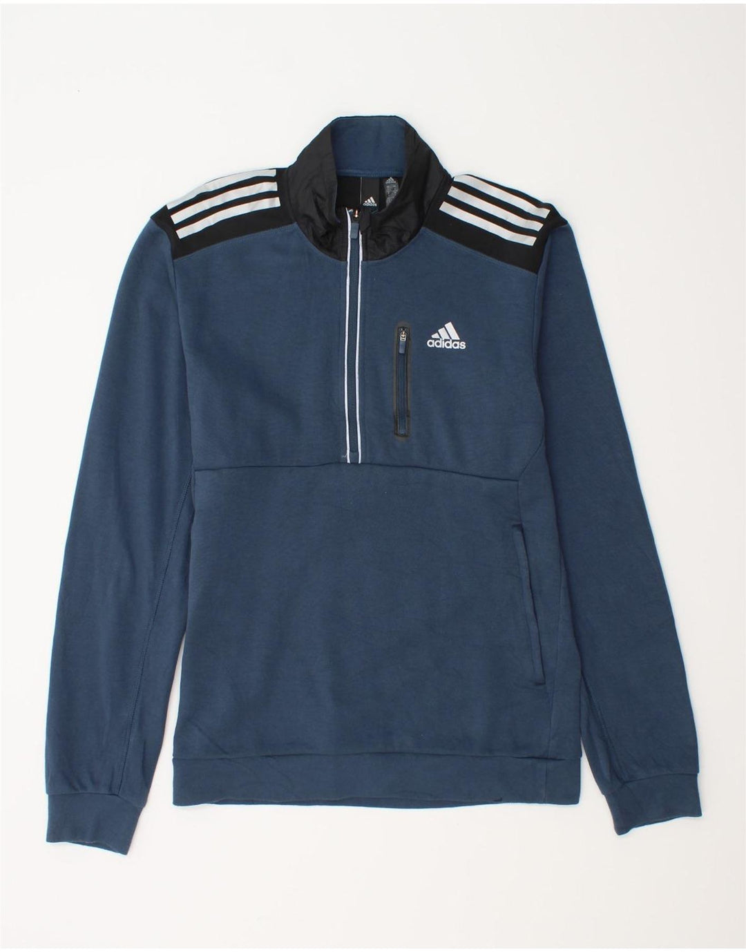 Adidas Mens Zip Neck Moletom Jumper Pequeno Azul Colorblock Algodão