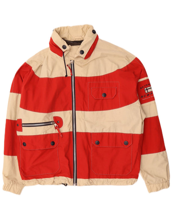 Jaqueta de esqui de ajuste solto com capuz masculino vintage Reino Unido 36 algodão listrado vermelho pequeno