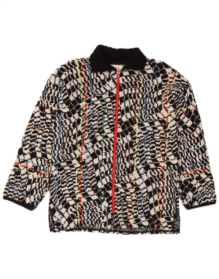 Suéter cardigã feminino vintage com estampa abstrata com zíper completo Reino Unido 16 preto grande