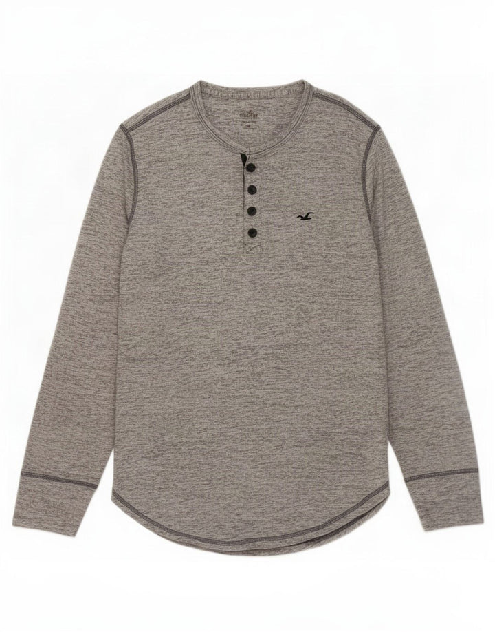 Top masculino Hollister de manga comprida de algodão manchado cinza pequeno