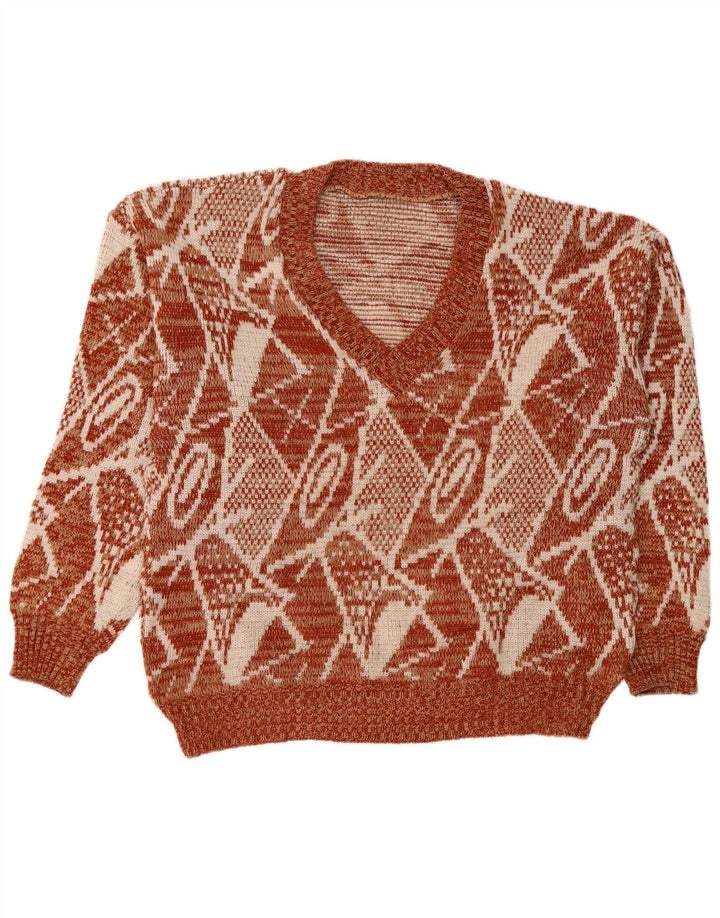 Suéter feminino VINTAGE com decote em V Reino Unido 14 grande marrom geométrico