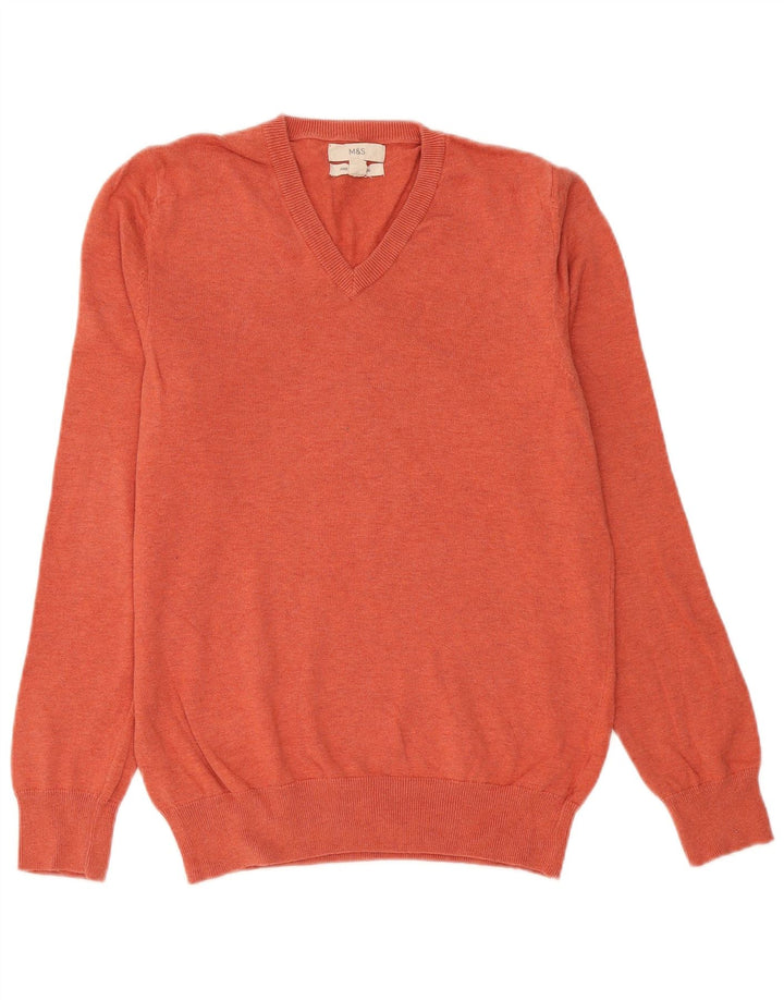 Suéter masculino Marks & Spencer com decote em V, pequeno, laranja, algodão