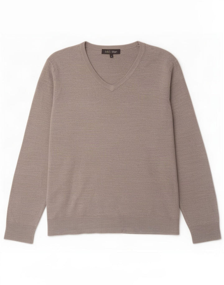 Suéter masculino Marks & Spencer com decote em V cinza médio acrílico