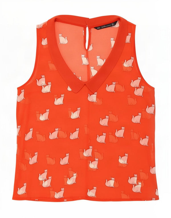 Blusa feminina sem mangas Zara Trafaluc Top UK 10 pequena estampa vermelha animal