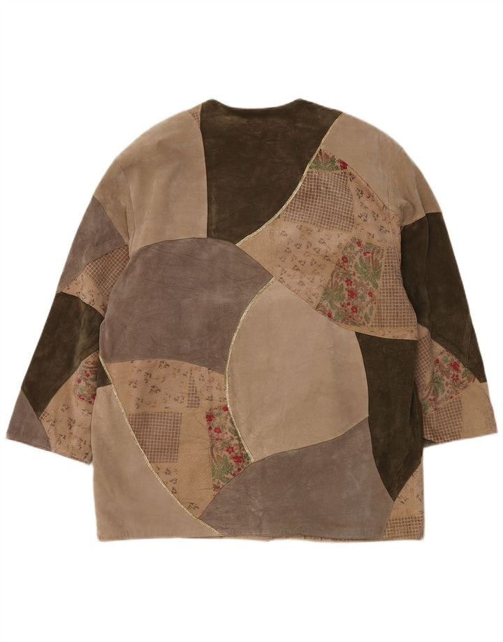 Sobretudo feminino justo Fair Lady Reino Unido 16 grande couro bege patchwork