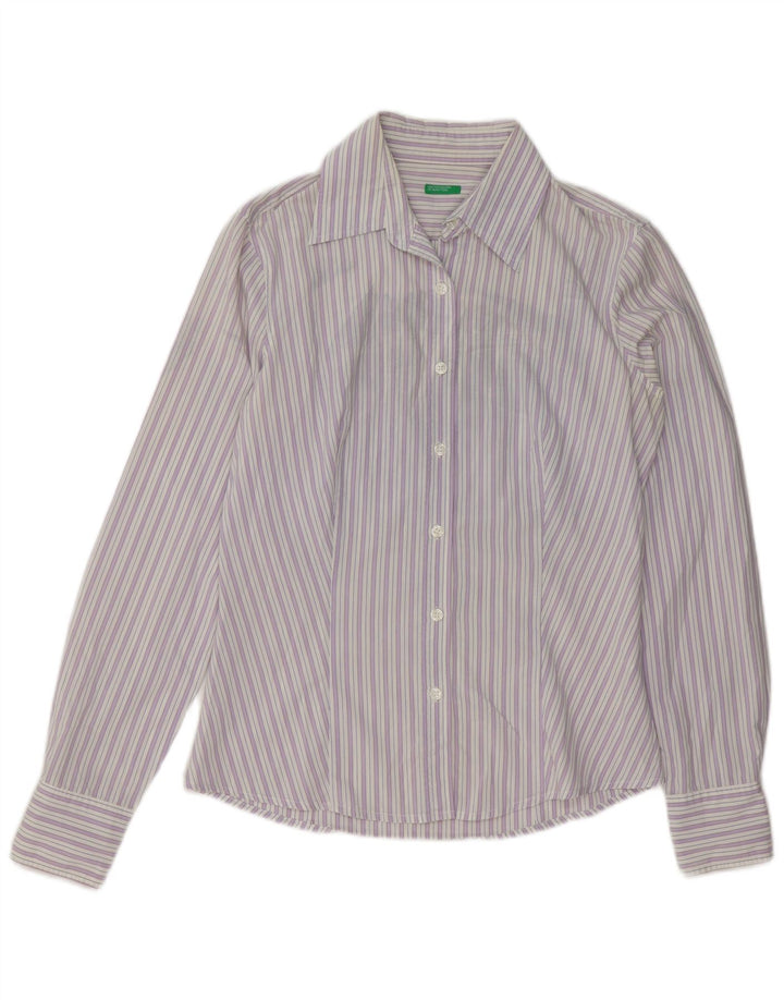 Camisa feminina Benetton UK 14 algodão listrado roxo médio