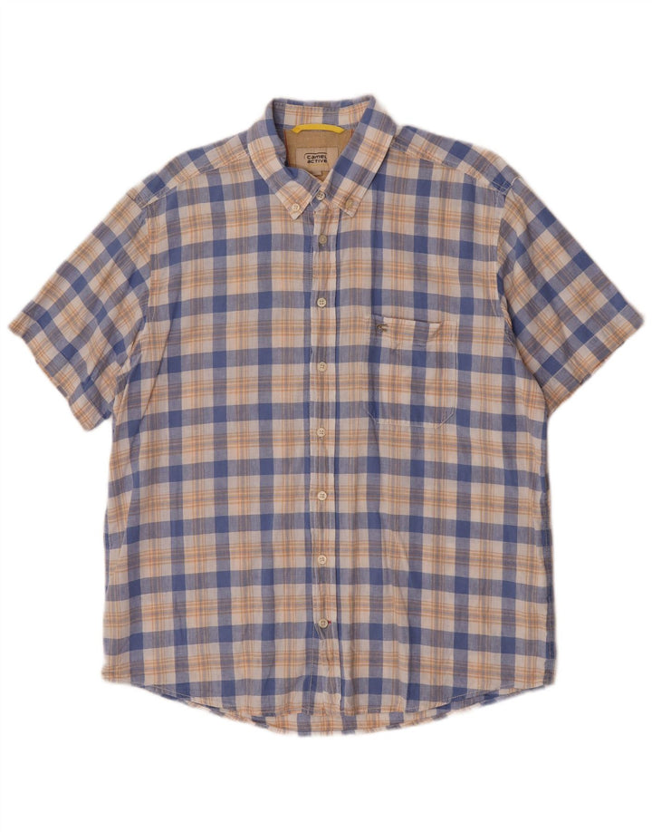 Camel Camisa masculina de manga curta grande linho xadrez azul