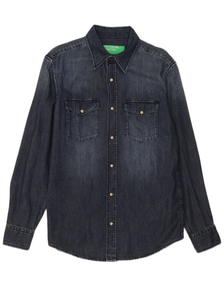 Camisa jeans masculina Benetton médio algodão azul marinho