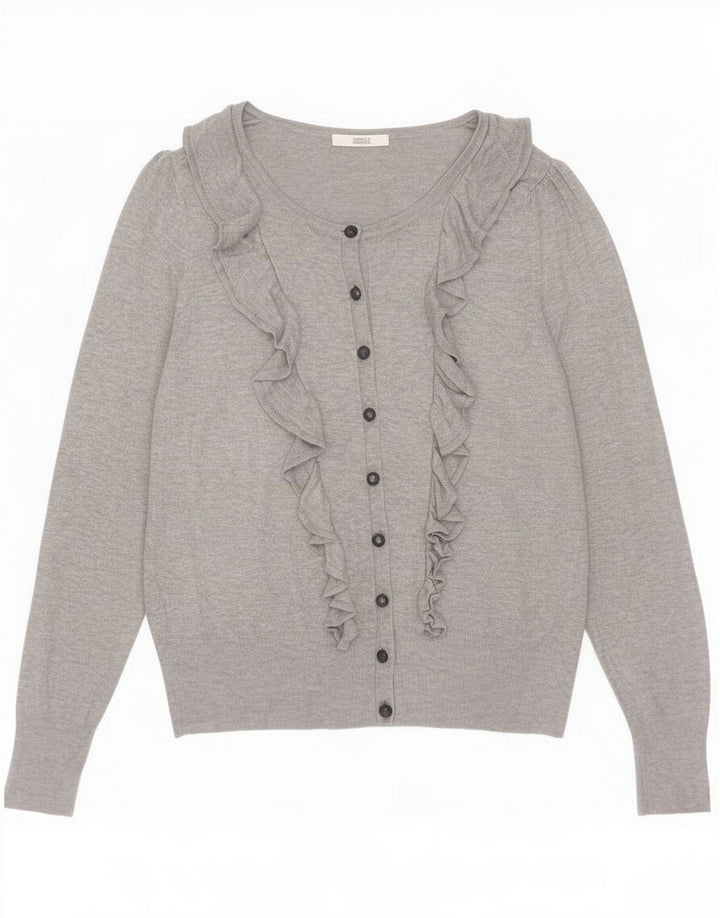 Suéter cardigã feminino com babados da Marks & Spencer UK 14 cinza médio manchado