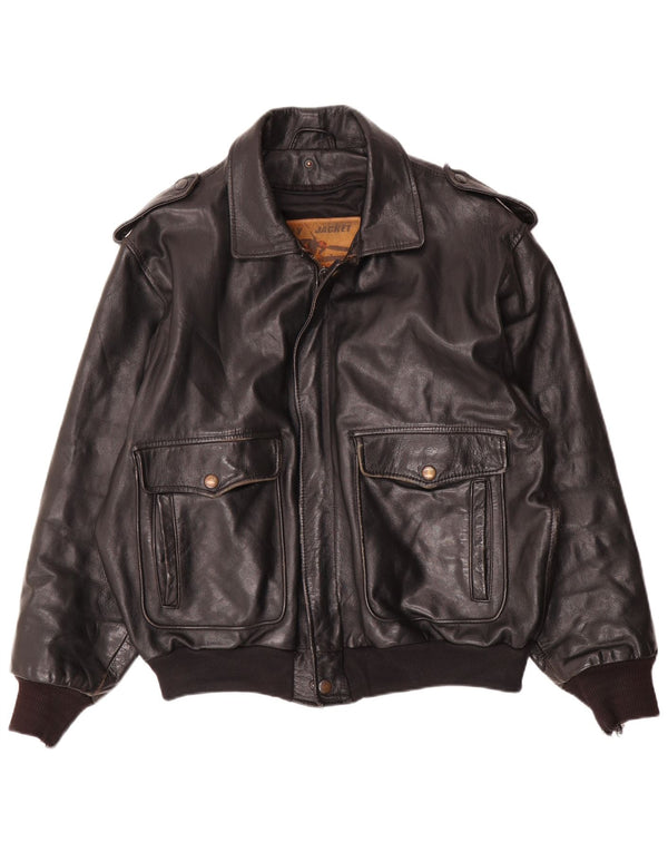 Jaqueta de aviador de vôo de couro masculino vintage EU 52 XL couro preto