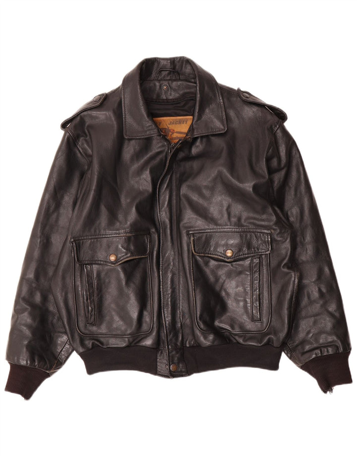 Jaqueta de aviador de vôo de couro masculino vintage EU 52 XL couro preto