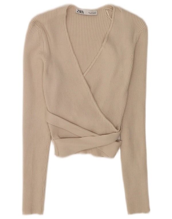 Zara Womens Crop Wrap Cardigan Top UK 14 Grande Bege Viscose
