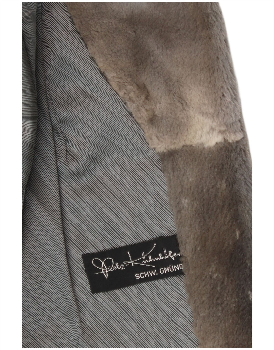 Casaco de pele feminino vintage Reino Unido 14 grande couro listrado cinza