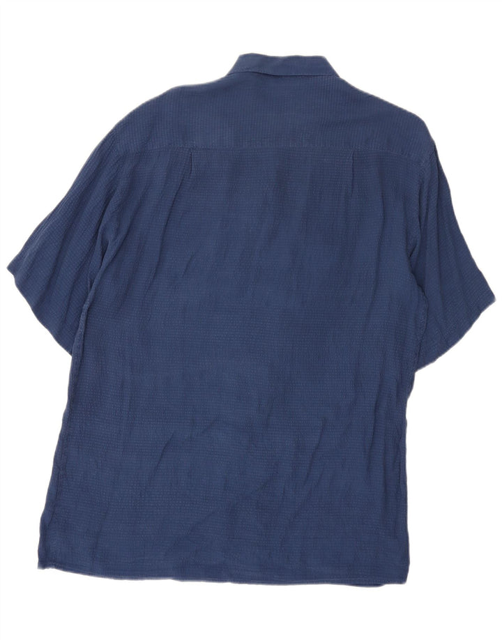 Camisa masculina vintage de manga curta média azul marinho seda