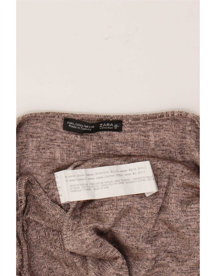 Top feminino Zara manga comprida UK 16 grande poliéster marrom