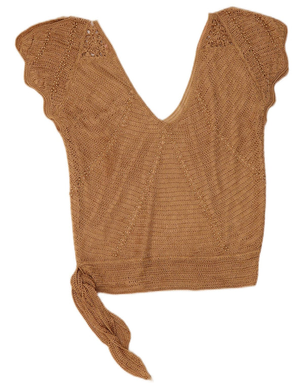 Blusa feminina de crochê sem mangas Etam Top UK 10 pequena viscose bege
