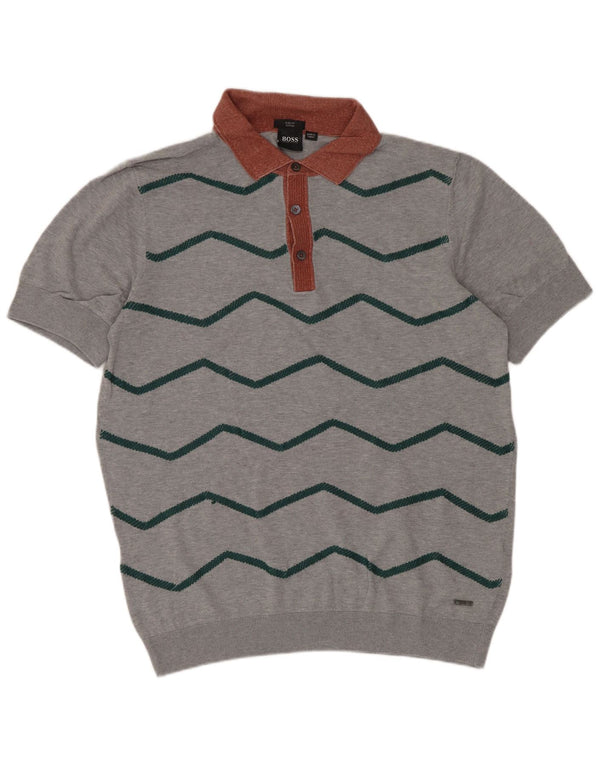 Hugo Boss Mens Short Sleeve Polo Neck Jumper Sweater Medium Grey Chevron