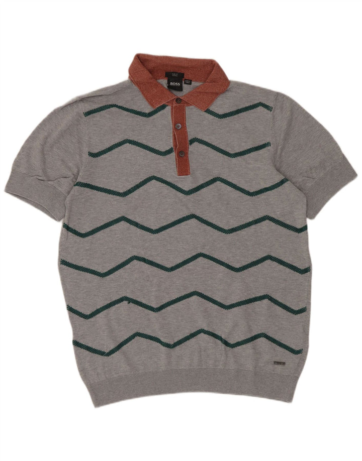 Hugo Boss Suéter masculino de manga curta com gola polo cinza médio Chevron