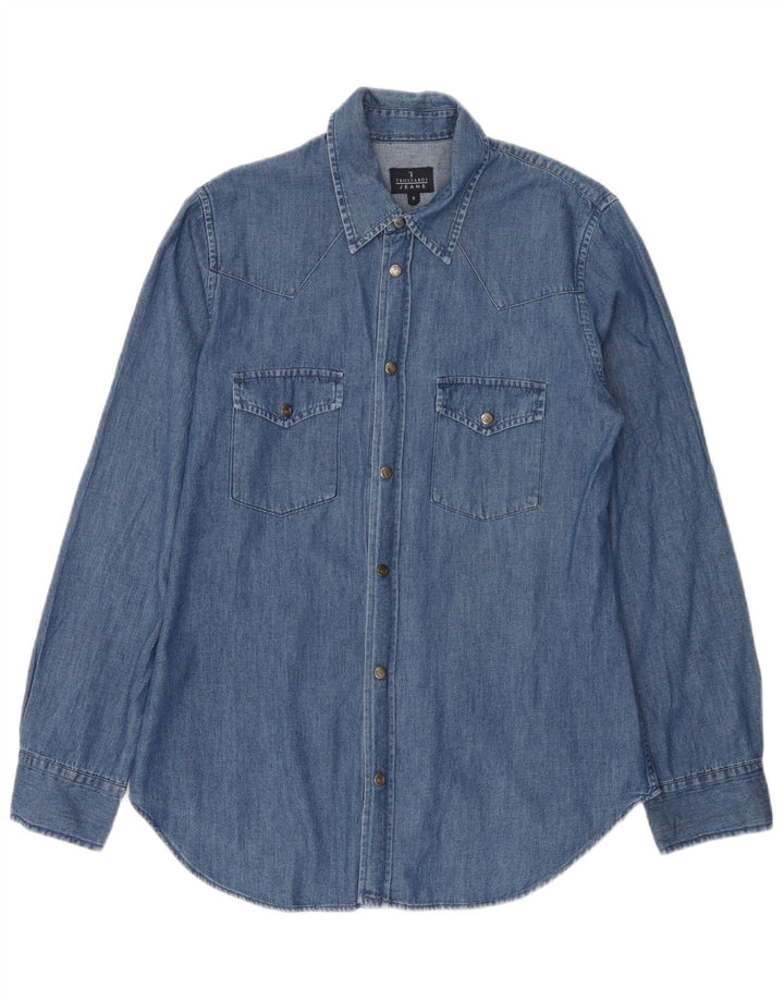 Trussardi Jeans Camisa jeans masculina pequena azul algodão